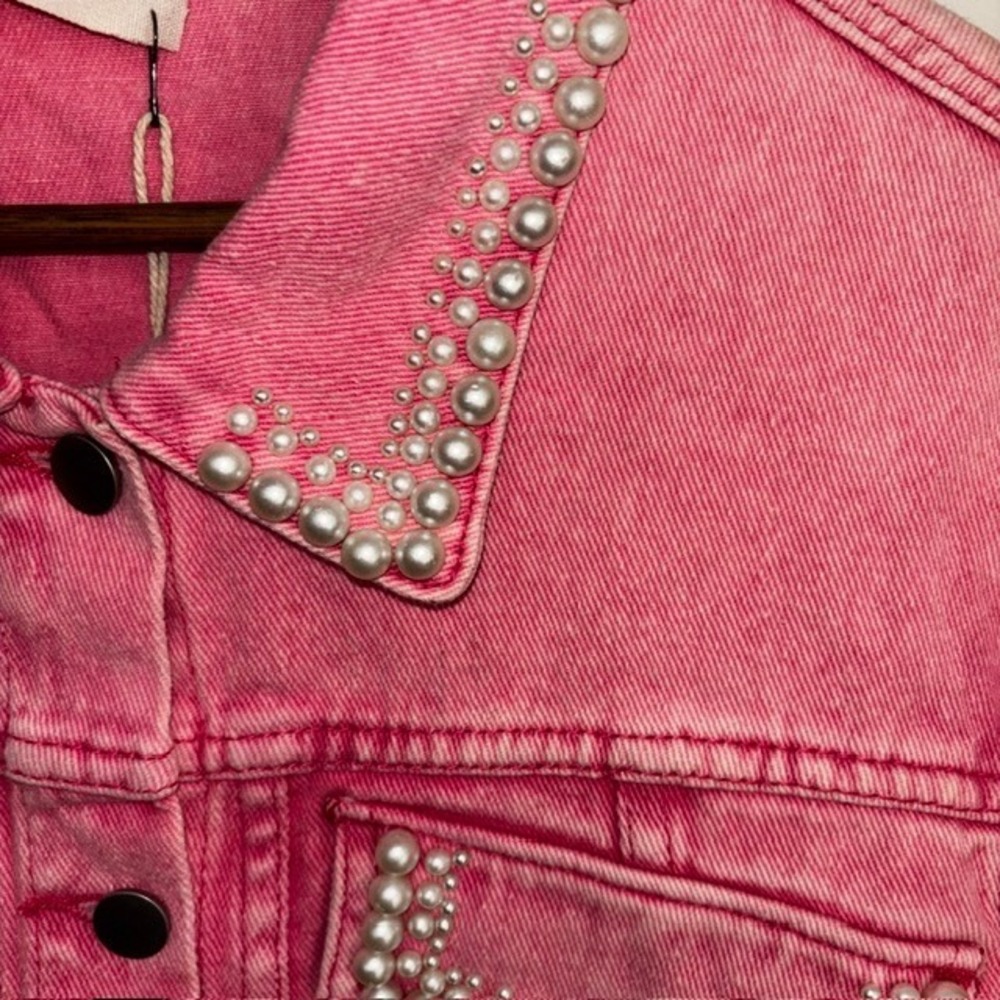 Savanna Jane Pink Acid Wash Pearl Embellished Denim Jacket Western Cropped Small - Picture 6 of 10